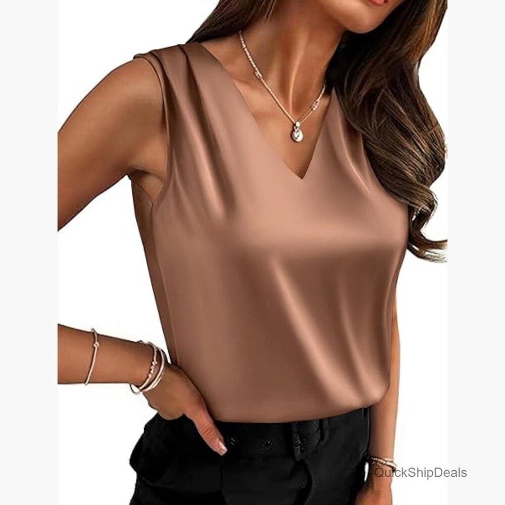 Silk Satin Camisole Tank Top V Neck Pleated Sleeveless Blouse